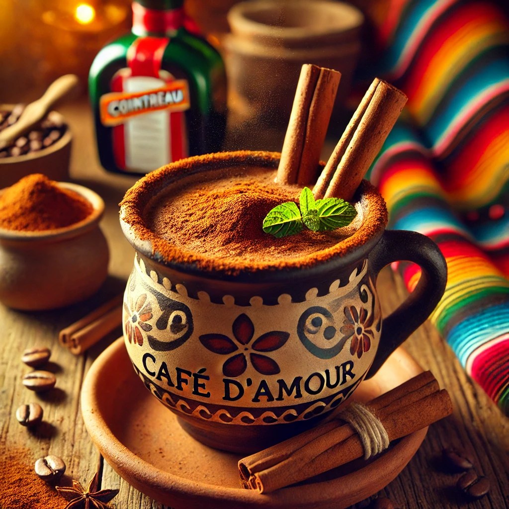 Een Mexicaans geïnspireerde presentatie van Café d'Amour, geserveerd in een rustieke aardewerken mok op een houten tafel. De rijke, stomende koffie is op smaak gebracht met cacaopoeder, kaneel en een scheutje Cointreau. Twee kaneelpijpjes steken stijlvol uit de mok als roerstaafjes. De koffie is afgewerkt met een vleugje cacaopoeder en een blaadje verse munt. De setting wordt omlijst door kleurrijke Mexicaanse textielpatronen, verspreide koffiebonen en warm sfeervol licht, wat zorgt voor een uitnodigende sfeer. ☕✨🌿