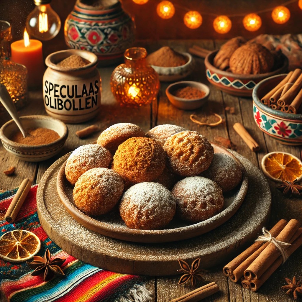 en sfeervolle presentatie van speculaas-oliebollen, goudbruin gebakken en bestrooid met poedersuiker. De oliebollen bevatten zichtbare speculaaskruiden en kruimels. Ze zijn omgeven door speculaasjes, kaneelstokjes en kleurrijke Mexicaanse textielpatronen, met warme sfeerverlichting die de gezellige uitstraling versterkt. 🍩✨🌺