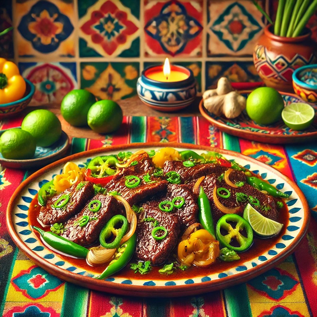 Biefstuk met gember, dunne plakjes vlees in een rijke saus, gegarneerd met verse gember, groene pepers en lente-uitjes, geserveerd op een kleurrijk bord, omringd door limoen, chilipepers en verse kruiden.