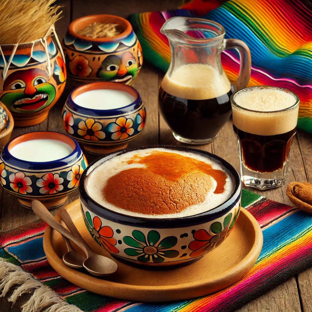 Een kleurrijke en nostalgische presentatie van het traditionele Nederlandse nagerecht, Bierpap, geserveerd in rustieke kommen met een Mexicaanse uitstraling en levendige accenten.