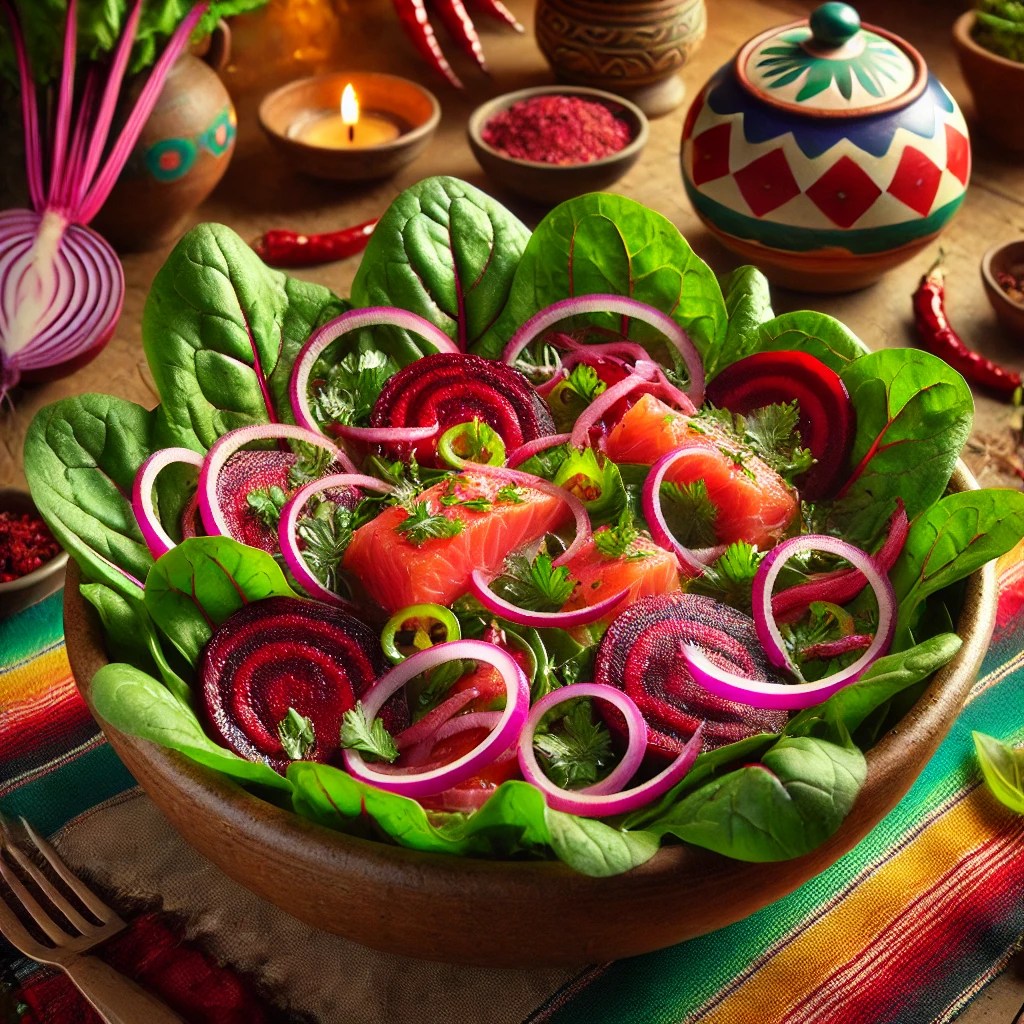 Bietensalade geserveerd in een rustieke schaal, met een basis van verse paksoibladeren, gegarneerd met fijngesneden rode bietjes, dunne rode uienringen en reepjes zalm. Licht besprenkeld met wijnazijn voor een frisse smaak. Een kleurrijk en gezond voorgerecht.
