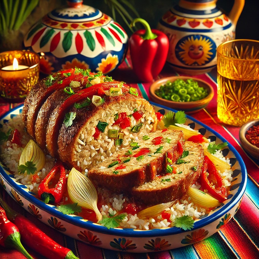 Gehaktbrood met rijst, gesneden in plakken, gevuld met ui, paprika en prei, geserveerd op een kleurrijke schaal en gegarneerd met verse kruiden.