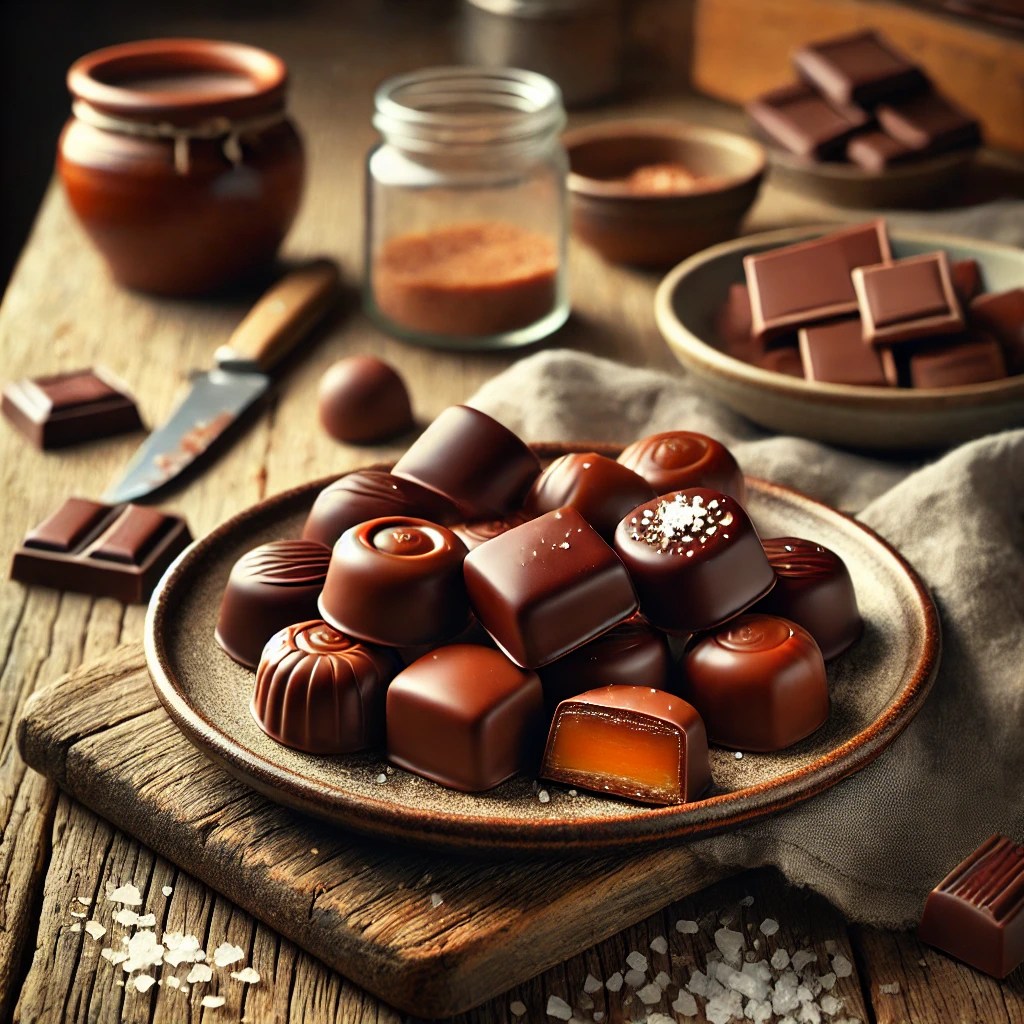 Chocoladekaramels in blokjes gesneden op bakpapier, met een glanzende chocoladetoon en romige textuur.