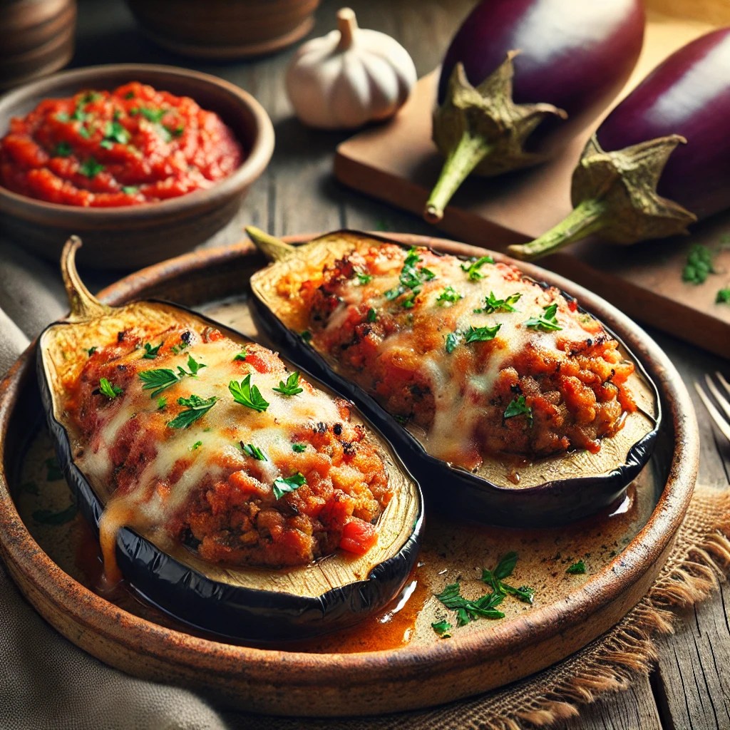 Een rustieke foto van gevulde aubergines, geserveerd op een keramieken bord op een doorleefde houten tafel. De gehalveerde aubergines zijn perfect geroosterd en gevuld met een hartige mix van gekruid gehakt, tomaten, kruiden en specerijen. De vulling is bedekt met gesmolten kaas, die een goudbruine korst vormt. Een snufje versgehakte peterselie voegt een frisse kleur toe. Op de achtergrond ligt een houten snijplank met extra aubergines en een schaaltje tomatensaus, subtiel vervaagd. Zacht natuurlijk licht zorgt voor een warme en uitnodigende sfeer.