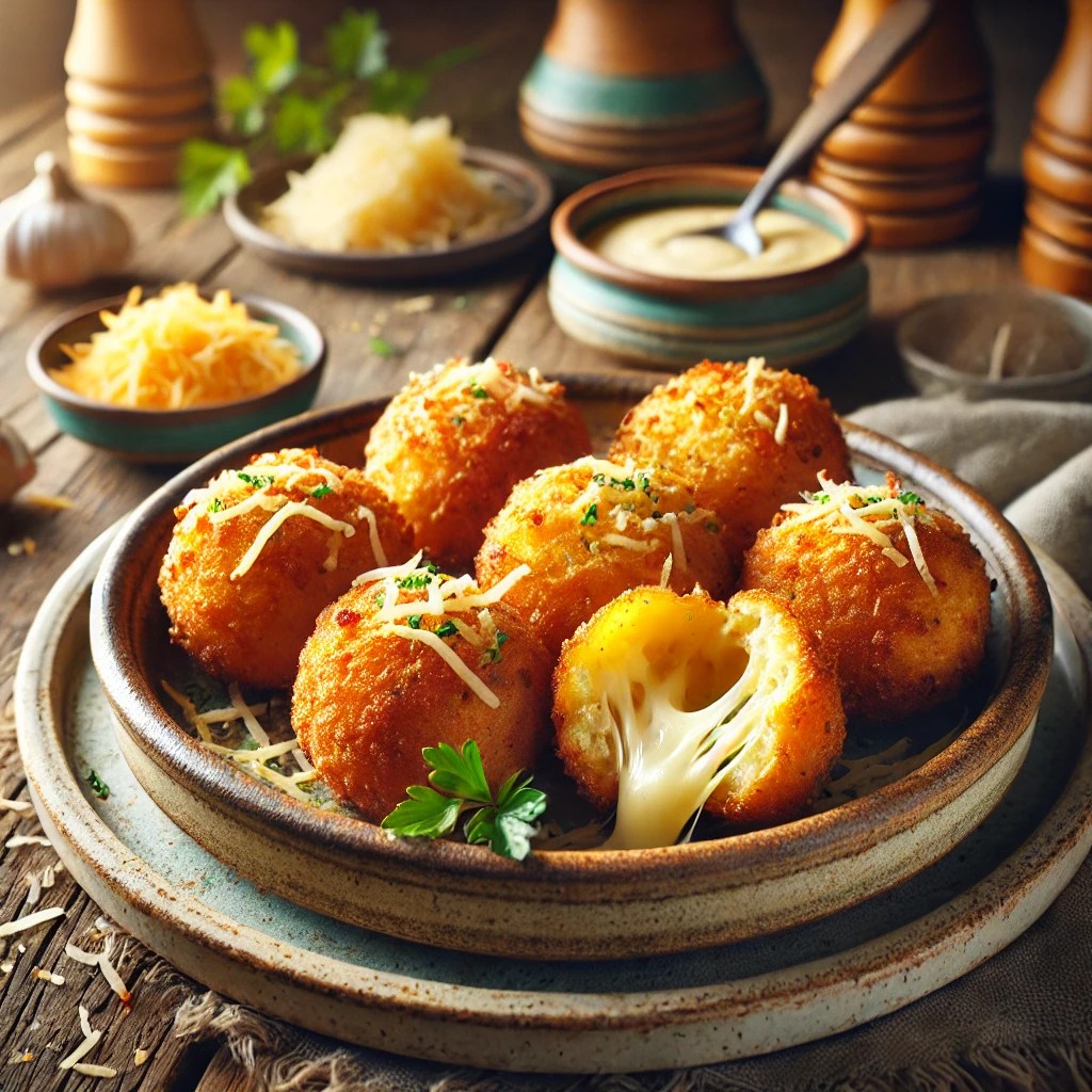 Krokante goudbruine aardappelbeignets met een smeuïge kaasvulling, deels opengesneden om de gesmolten kaas te tonen. Gegarneerd met verse peterselie en geraspte kaas, geserveerd met een dipsaus op een rustieke houten tafel met zachte, natuurlijke belichting.
