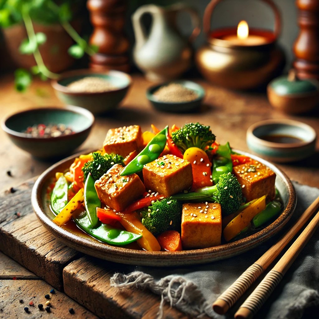 Een rustieke houten tafel met een bord goudbruin gefrituurde tofublokjes, geserveerd met kruidig roergebakken groenten zoals paprika, wortel, broccoli en peultjes. De tofu is knapperig van buiten en zacht van binnen, gegarneerd met sesamzaad en verse kruiden. Geserveerd op een keramisch bord met eetstokjes. De achtergrond toont een gezellige keuken met warme verlichting.