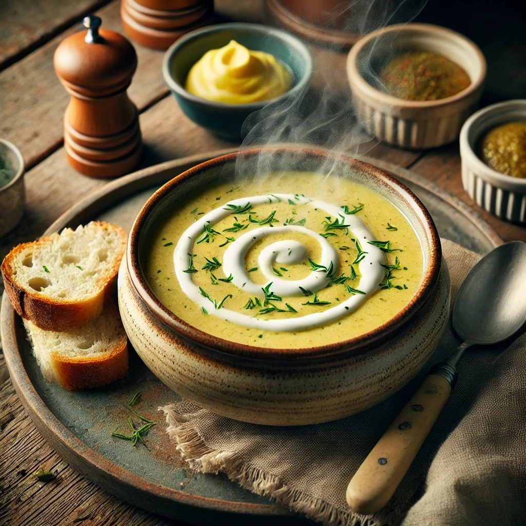Romige preisoep met mosterd en aardappel, geserveerd met boerenbrood – een verwarmend en smaakvol soeprecept voor koude dagen, eenvoudig vooraf te bereiden en perfect als comfort food met prei.