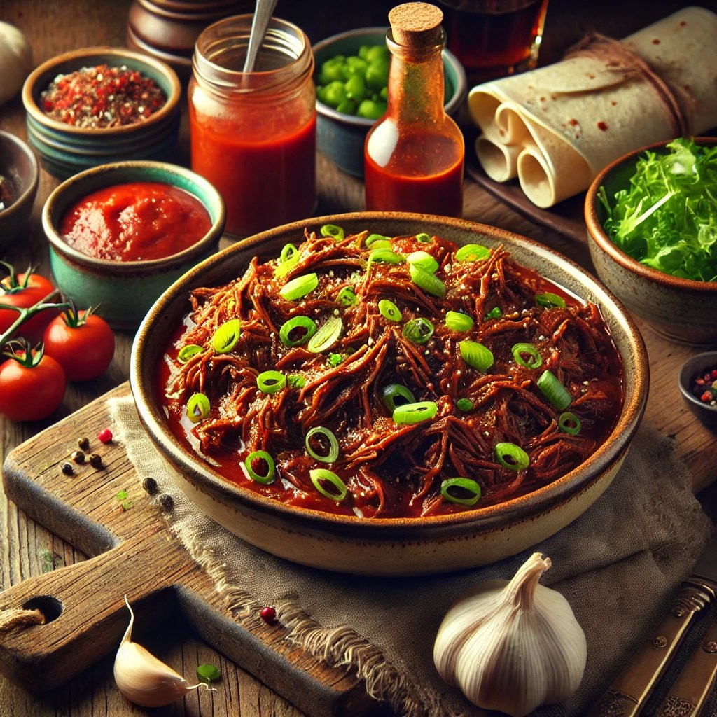 Langzaam gegaard draadjesvlees in tomatensaus, geserveerd in een kom met lente-ui, tortilla’s en salade op een houten tafel.