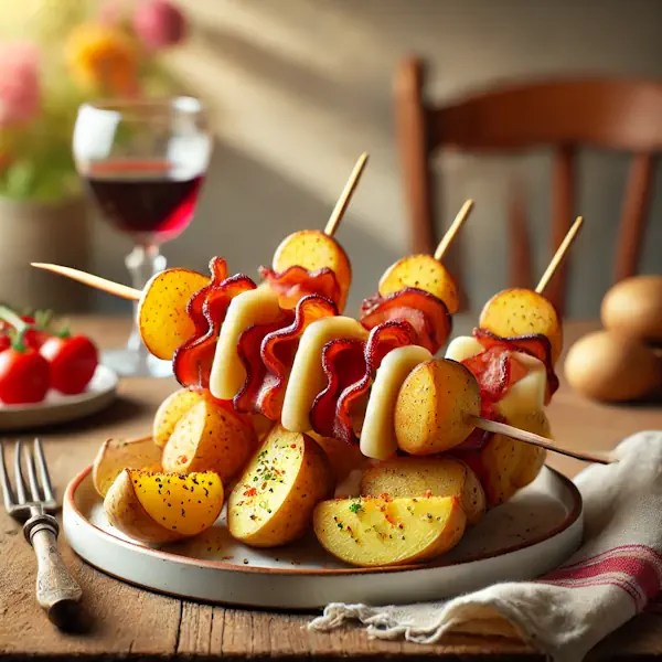 Aardappelbrochette met Breydelspek en kaas geserveerd op een rustieke houten eettafel, met gesmolten kaas en knapperig spek tussen aardappelpartjes op een witte schaal. Op de achtergrond vrolijke kleuren en een warme, gezellige keukensfeer.