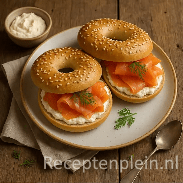 Twee geroosterde sesambagels belegd met romige mierikswortelcrème en flinterdunne plakjes gerookte zalm, gegarneerd met verse dille, geserveerd op een keramieken bord op een rustieke houten tafel.