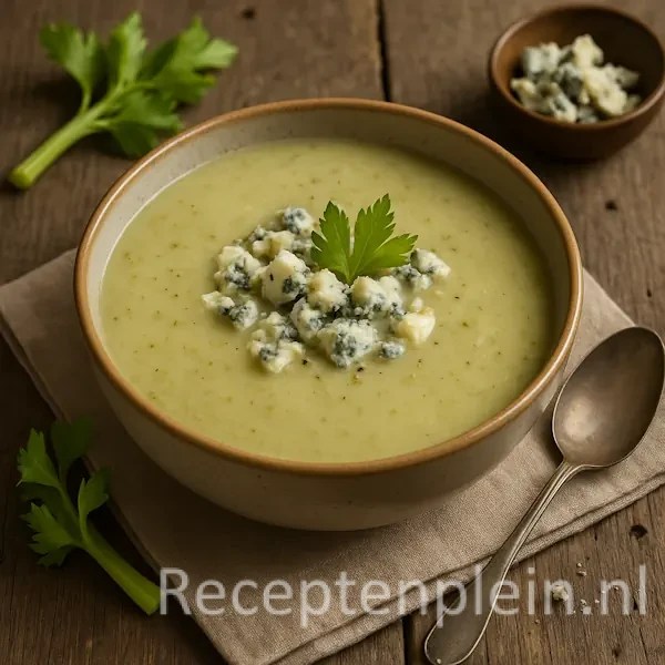 Een romige bleekselderijsoep geserveerd in een keramieken kom, gegarneerd met verkruimelde blauwe Stiltonkaas en een selderijblaadje, op een rustieke houten tafel met linnen servet en lepel.