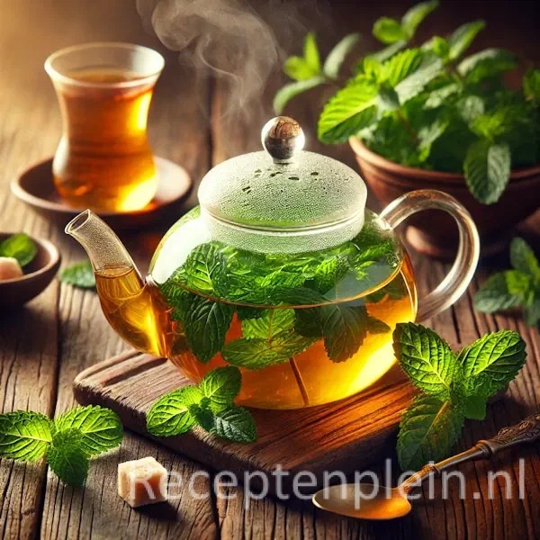 Een glazen theepot met dampende muntthee en verse muntblaadjes, geserveerd met een klein theeglas en een schaaltje suikerklontjes op een rustieke houten tafel.