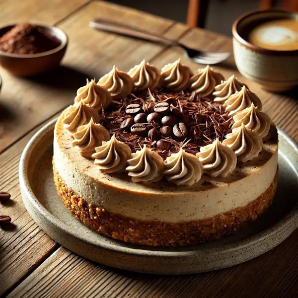 Glutenvrije kaastaart met koffiesmaak en romige vulling, afgewerkt met een lichte koffieswirl en chocoladekrullen. De krokante notenkorst is zichtbaar aan de basis. Geserveerd op een keramisch bord met vork, in een warme café-achtige setting.
