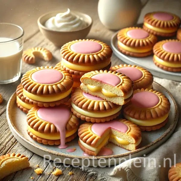 Ronde goudbruine koekjes gevuld met luchtige banketbakkersroom en afgewerkt met roze tompouceglazuur, deels gestapeld en deels los gepresenteerd op een bord met kruimels, een half koekje doorgesneden om de textuur te tonen, op een rustieke houten tafel met melk en slagroom erbij.
