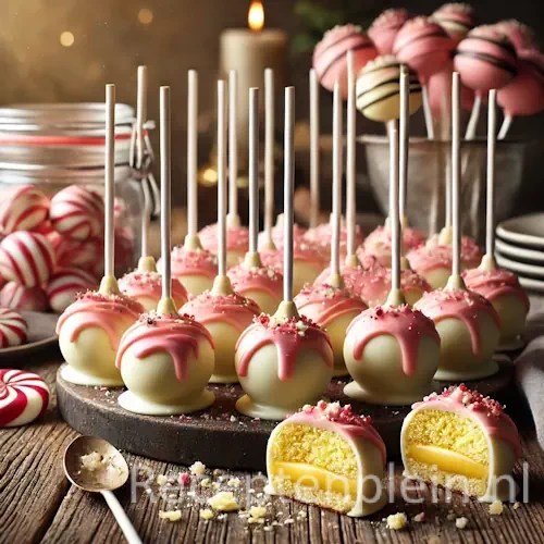 Ronde Tompouce cakepops met een witte chocoladelaag en roze glazuur, deels rechtop in een pot en deels op een bord met kruimels, op een rustieke houten tafel, met één cakepop half gegeten zodat de vulling zichtbaar is.