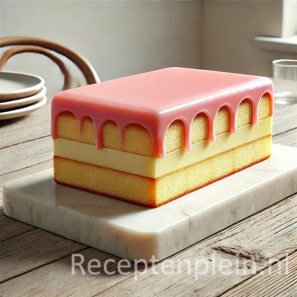 Een eenvoudige tompoucecake met roze glazuur, luchtige cake en romige vulling, geserveerd op een marmeren plank op een rustieke houten tafel met een rustige achtergrond en natuurlijk daglicht.