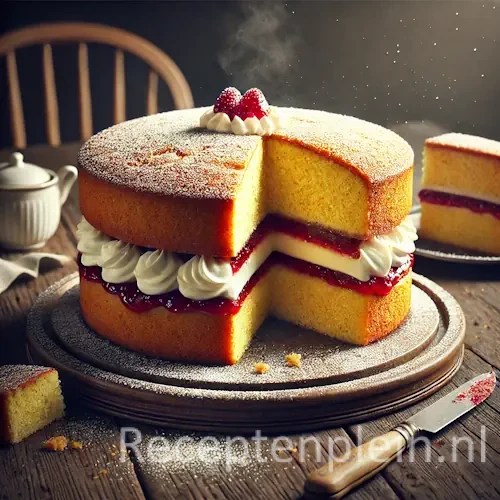 Victoria sponge cake met jam en slagroomvulling, bestoven met poedersuiker op houten tafel, een punt uitgesneden.