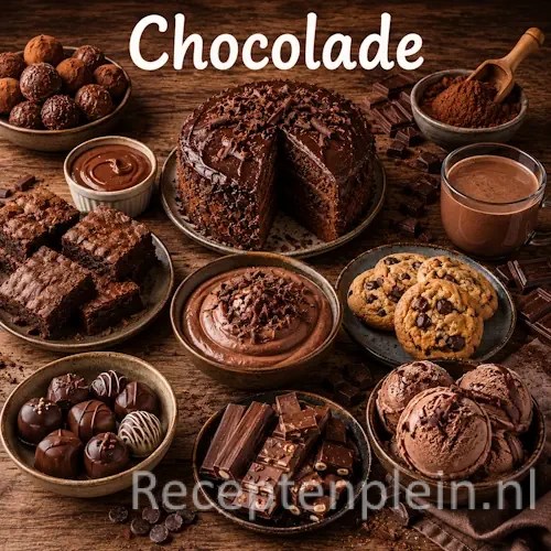 Chocolade recepten met taarten, brownies en desserts op een rustieke houten tafel