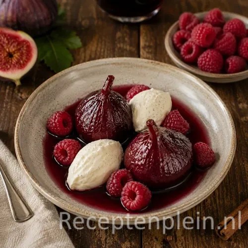 Vijgen in Rode Wijn met vanillemascarpone en frambozen geserveerd in een diep dessertbord