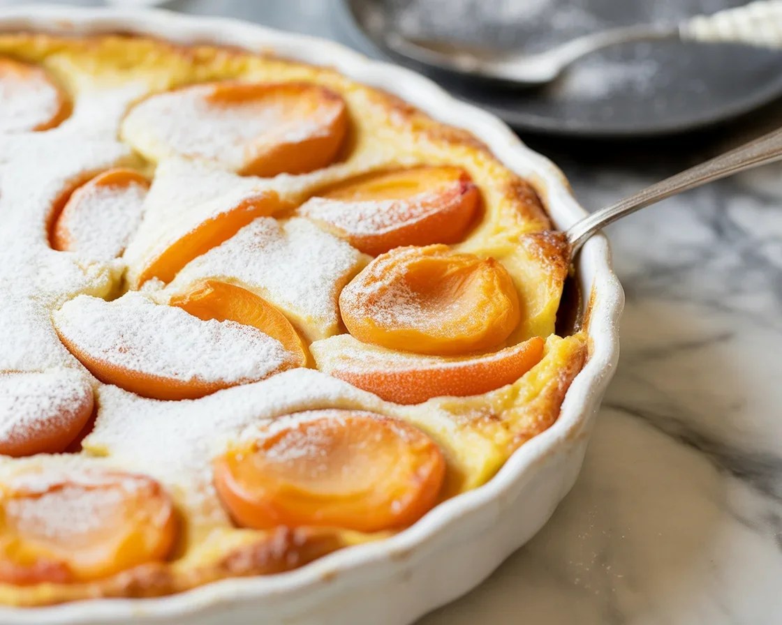 Freshly baked Apricot Flaugnarde with seasonal stone fruits in a flan-like batter.