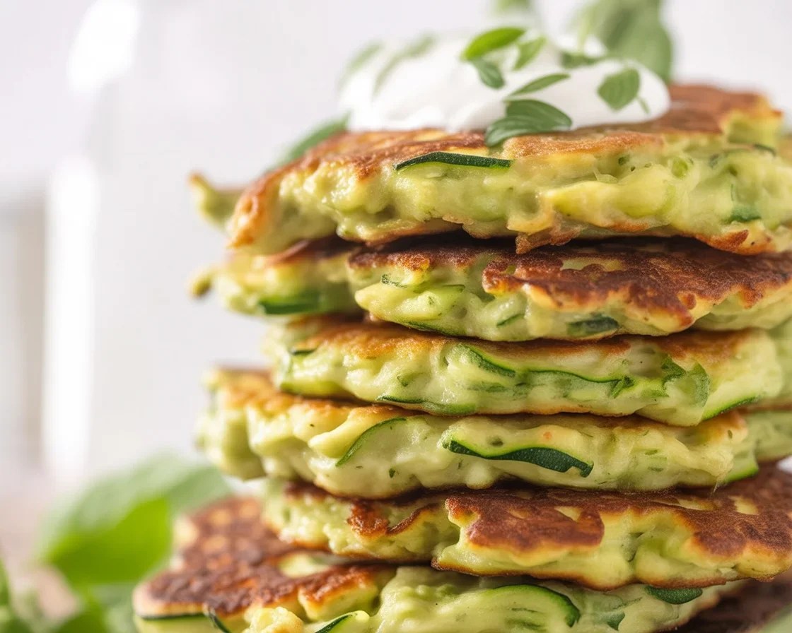 Crispy zucchini fritters served on a plate with a dipping sauce.