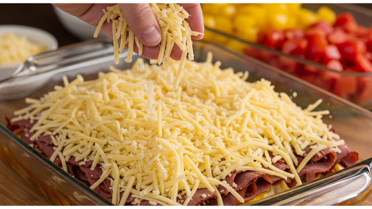 The Perfect Reuben Bake: How to Make, Step by Step 5 Sprinkling Swiss cheese over the layers of a Reuben bake.
