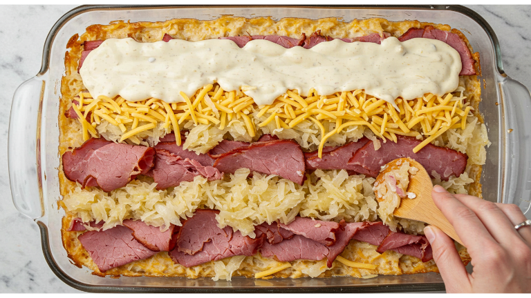 The Perfect Reuben Bake: How to Make, Step by Step 6 Reuben bake layers being repeated in a baking dish