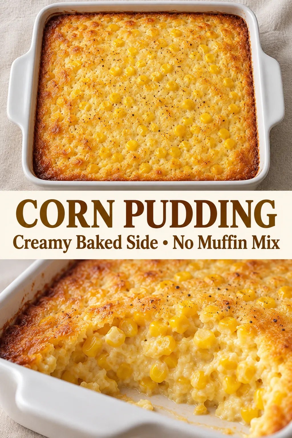 Corn pudding with a golden top and a creamy, corn-filled center served from a white baking dish.