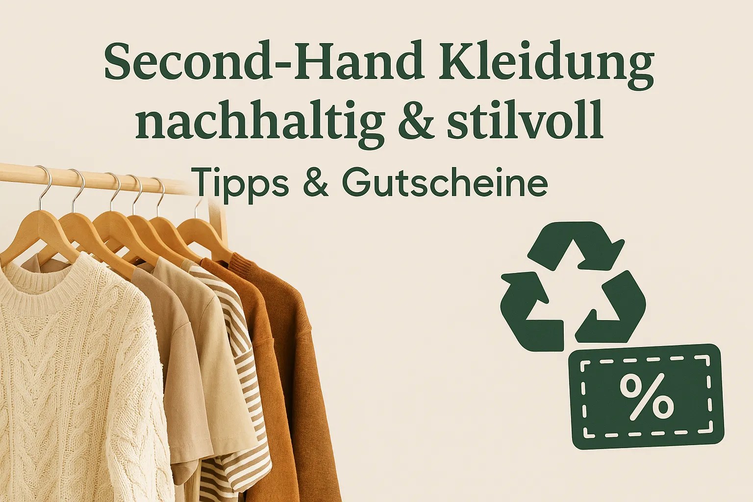 „Ein Kleiderständer mit mehreren Second-Hand-Kleidungsstücken – darunter ein cremefarbener Strickpullover, beige Hemden und ein gestreiftes T-Shirt – vor hellem Hintergrund. Oben steht in dunklem Grün ‚Second‑Hand Kleidung nachhaltig & stilvoll‘, darunter ‚Tipps & Gutscheine‘. Rechts sind ein Recycling-Symbol und ein Gutschein-Icon zu sehen.“
