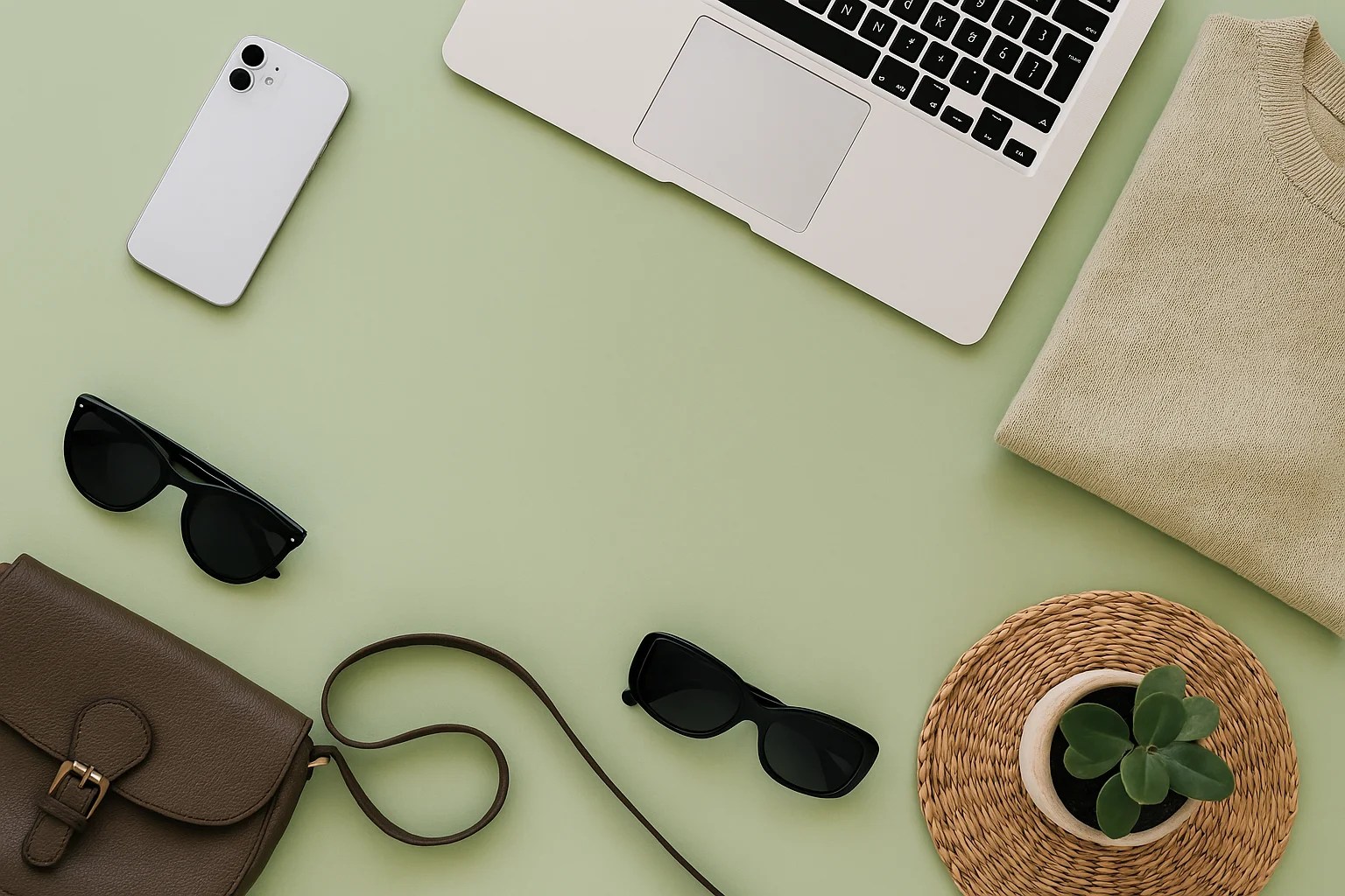 Flach gelegte Ansicht eines Laptops, Smartphones, einer Tasche, Sonnenbrillen, eines Pullovers und einer Pflanze auf hellem grünen Hintergrund