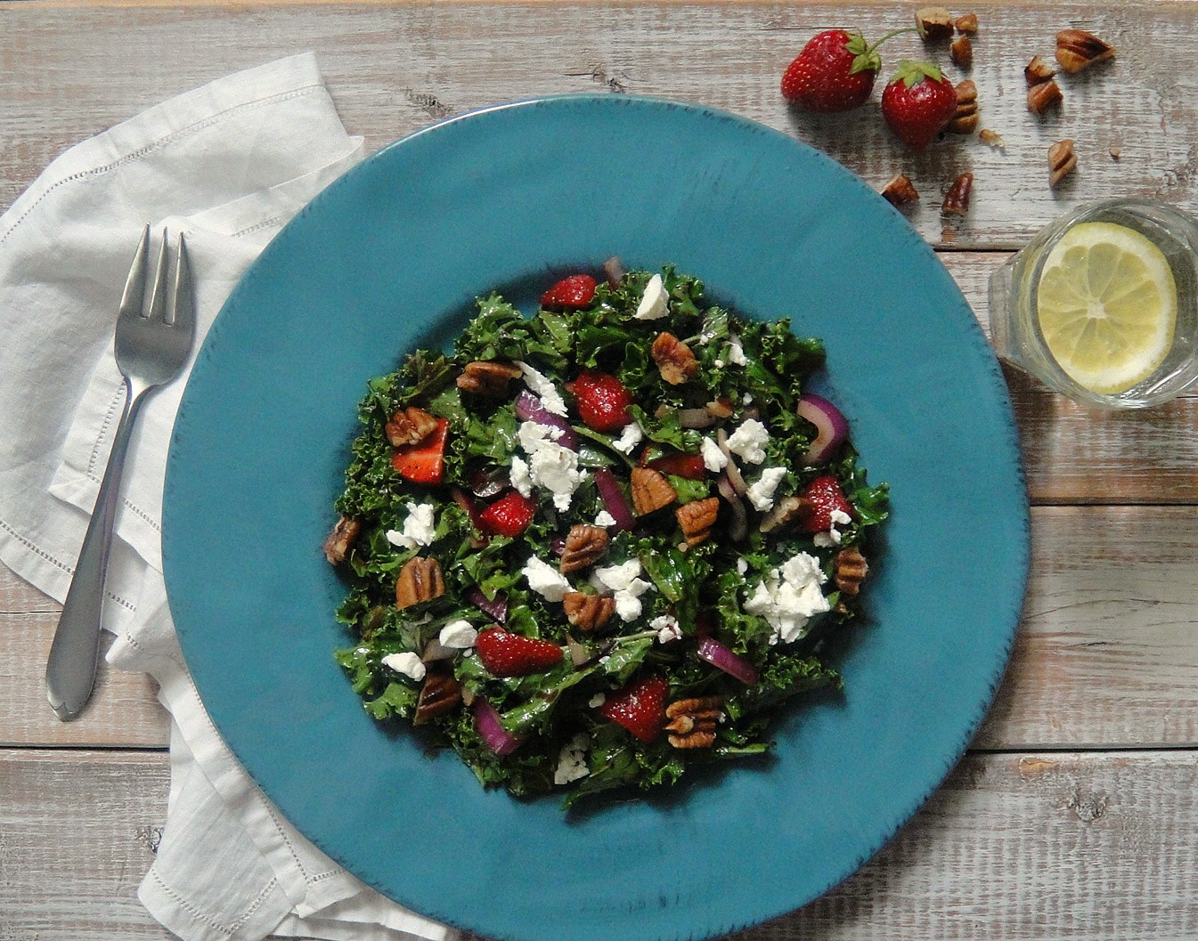 Kale and Strawberry Salad with Goat Cheese and Toasted Pecans