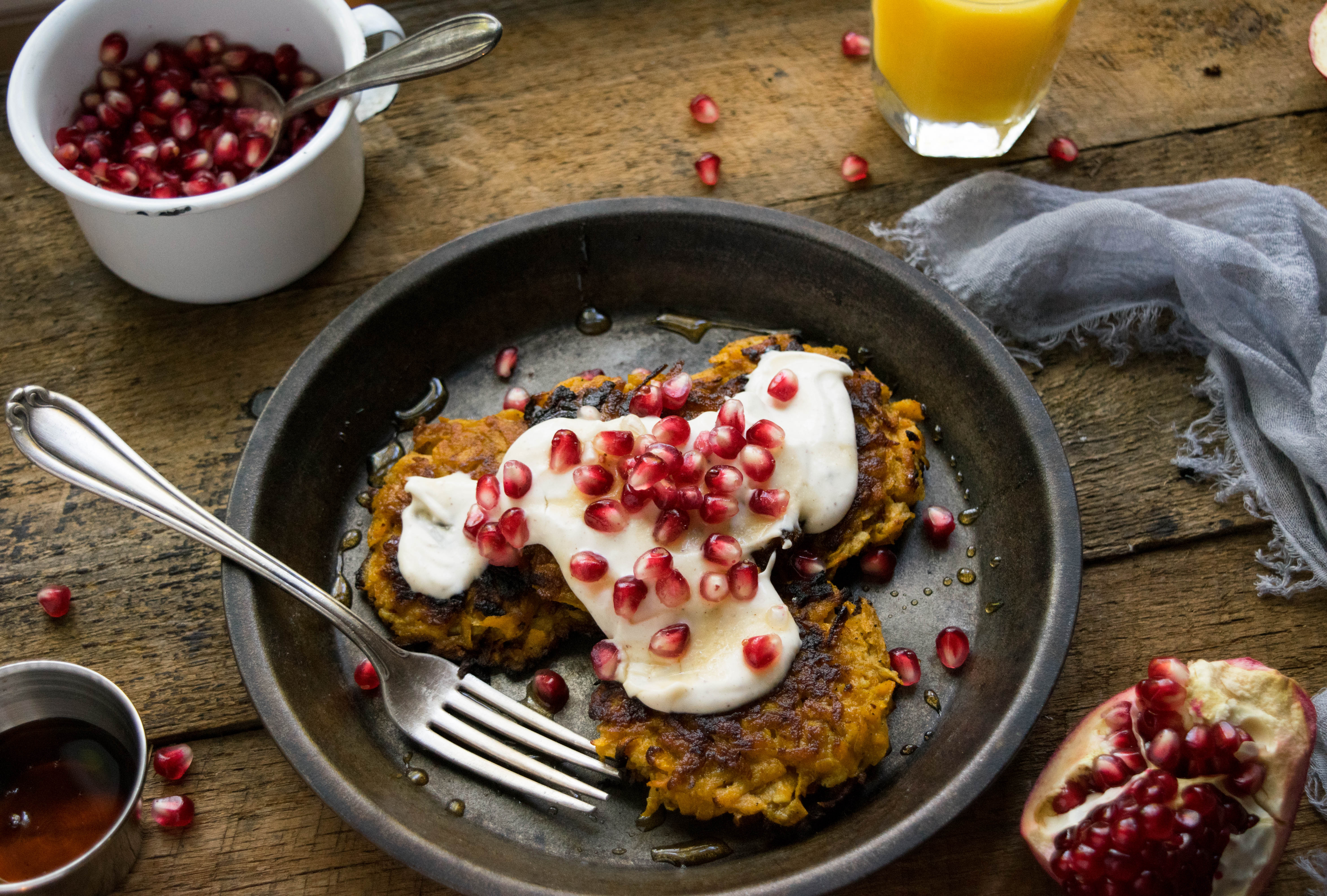 Butternut Squash and Apple Latkes with Maple Mascarpone and Pomegranate