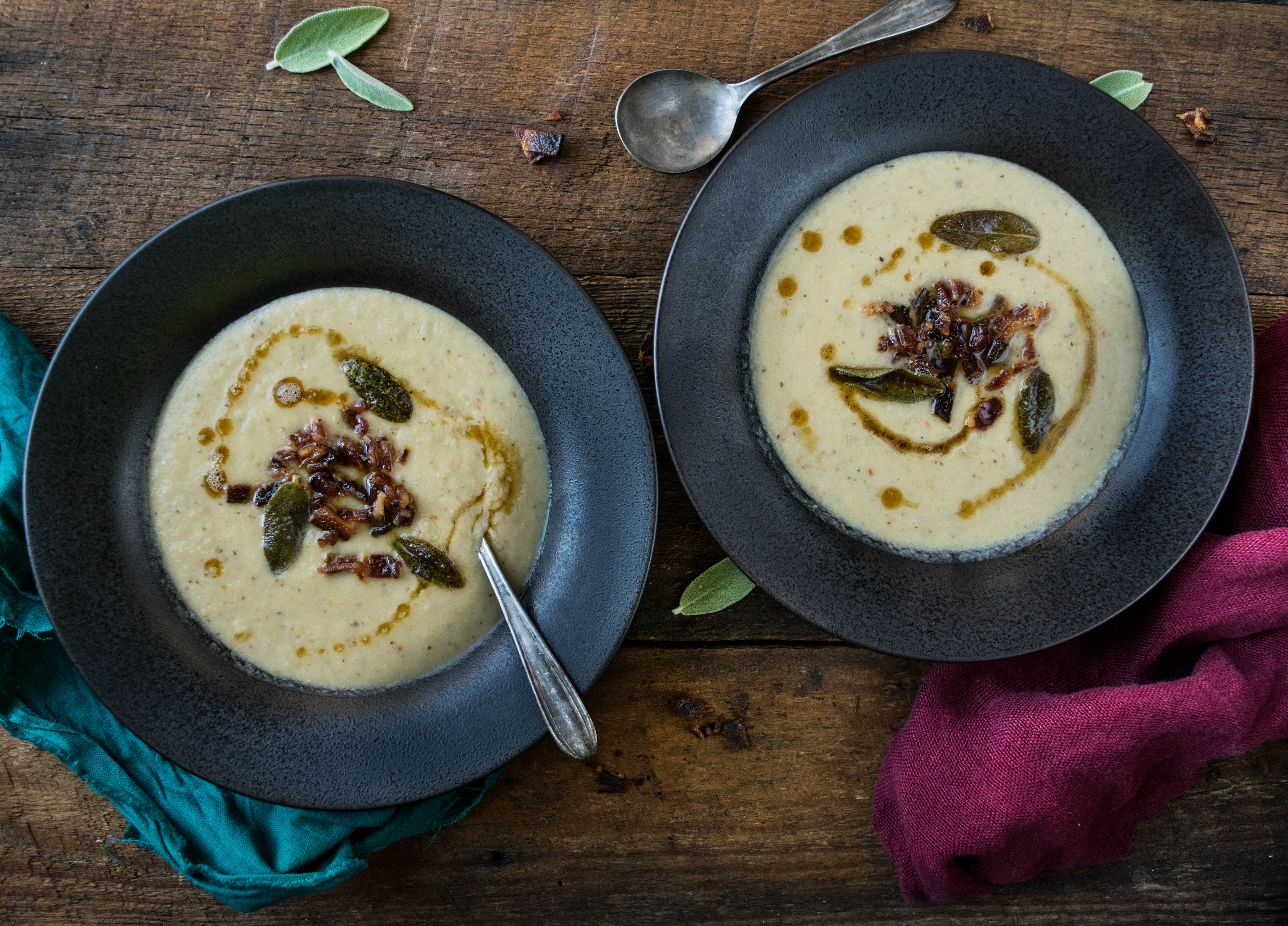 Roasted Cauliflower and Leek Soup with Maple Candied Bacon, Fried Sage, and Brown Butter