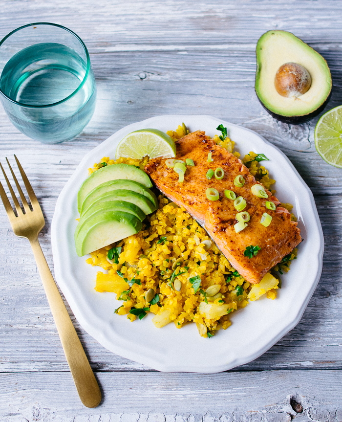 Pineapple and Turmeric Cauliflower Rice with Salmon | Reclaiming Yesterday