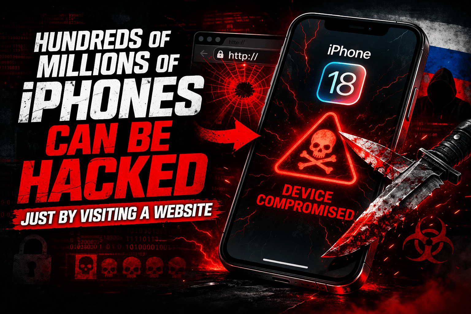 Hundreds of millions of iPhones can be hacked. Picture of a smart phone to the right of the text.