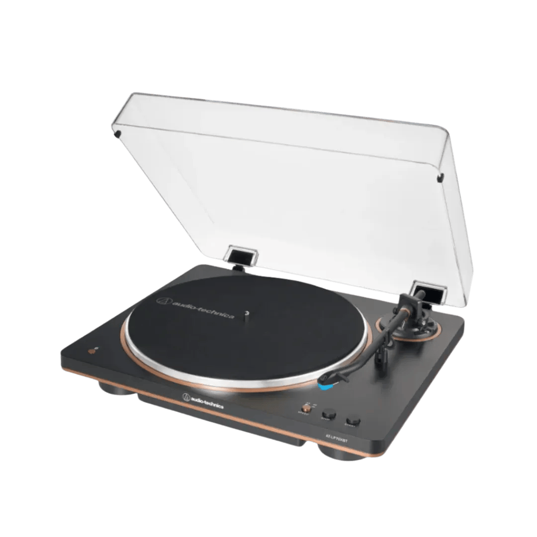 Audio-Technica AT-LP70X turntable with a sleek design and transparent dust cover, featuring a black and copper finish.
