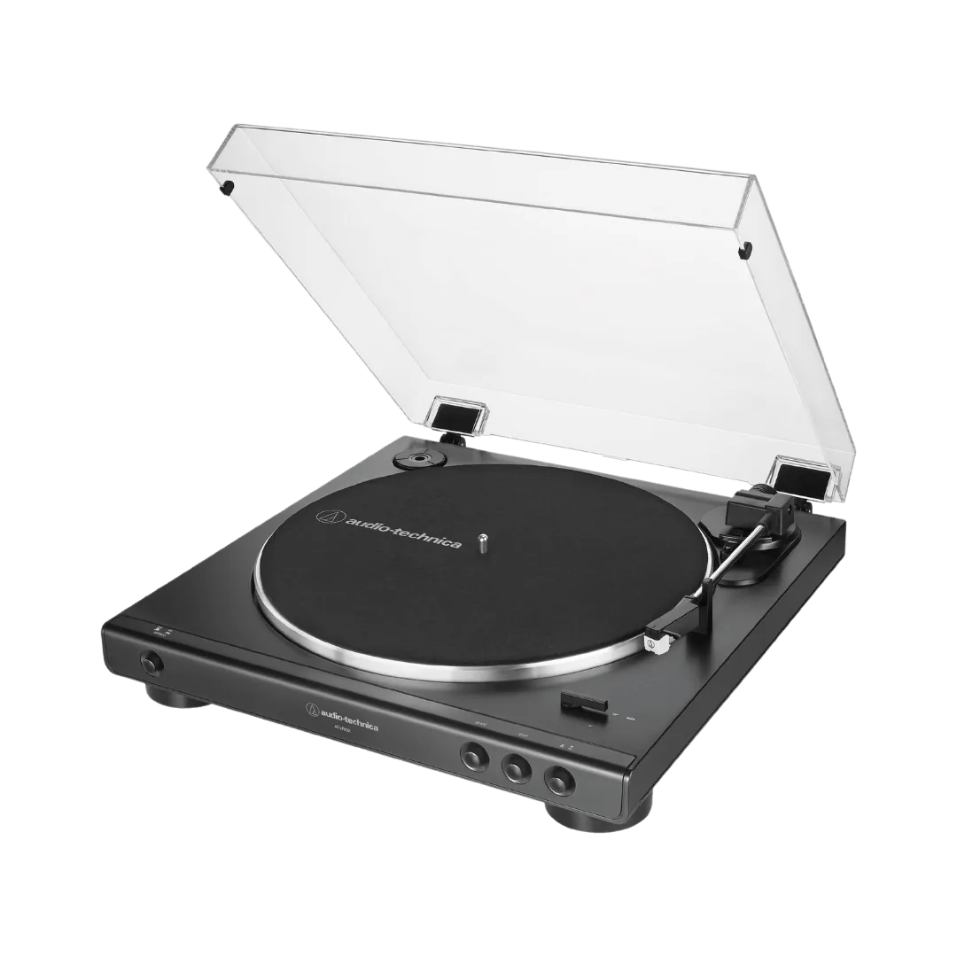 Audio-Technica AT-LP60X turntable with a black finish, featuring a transparent dust cover and minimalist design.