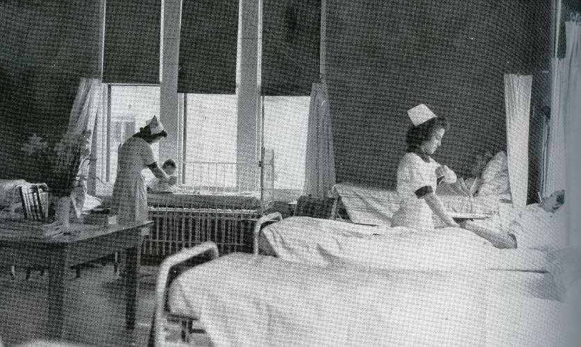 Student nurses at Franklin County Public Hospital, what is today Baystate Franklin Medical Center, make their rounds on the 1 South open ward in the 1940s.