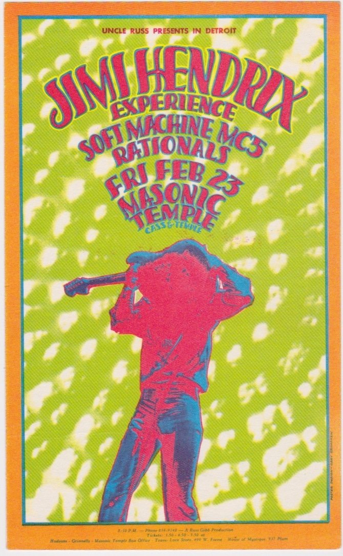 Jimi Hendrix 1968 Detroit Grande Series Handbill With MC5, Soft Machine
