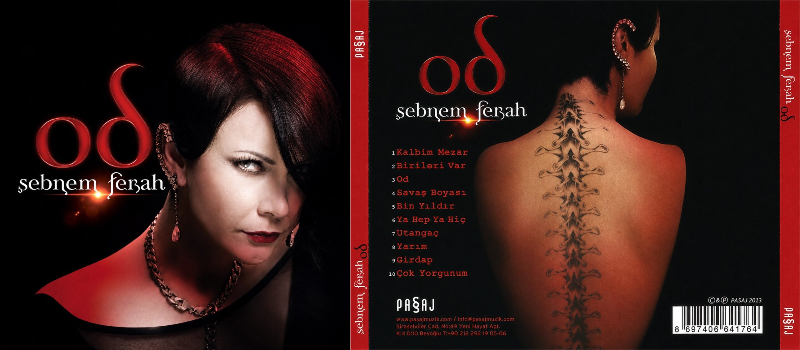 Album cover for Sebnem Ferah: left panel shows a close-up of a woman with red-streaked hair and red lips, right panel shows her back with a large spine tattoo on a black background and red borders, plus track names in red text on the back.