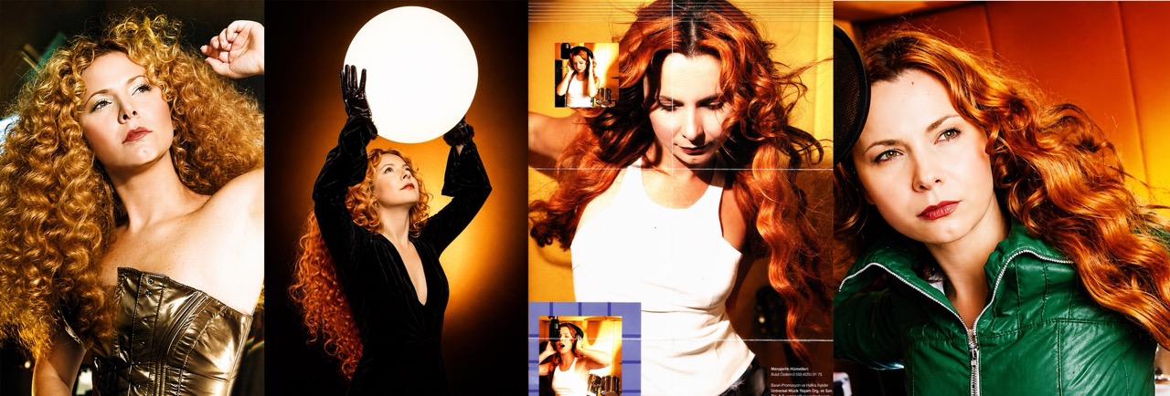 Collage of four images showing a red-haired woman in different outfits and warm lighting.