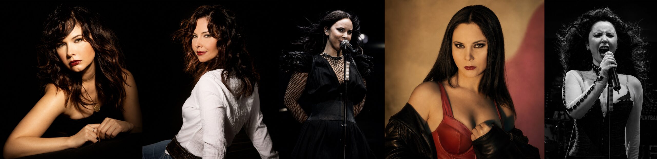Five-panel collage of a female singer in different outfits, posing and performing on stage.