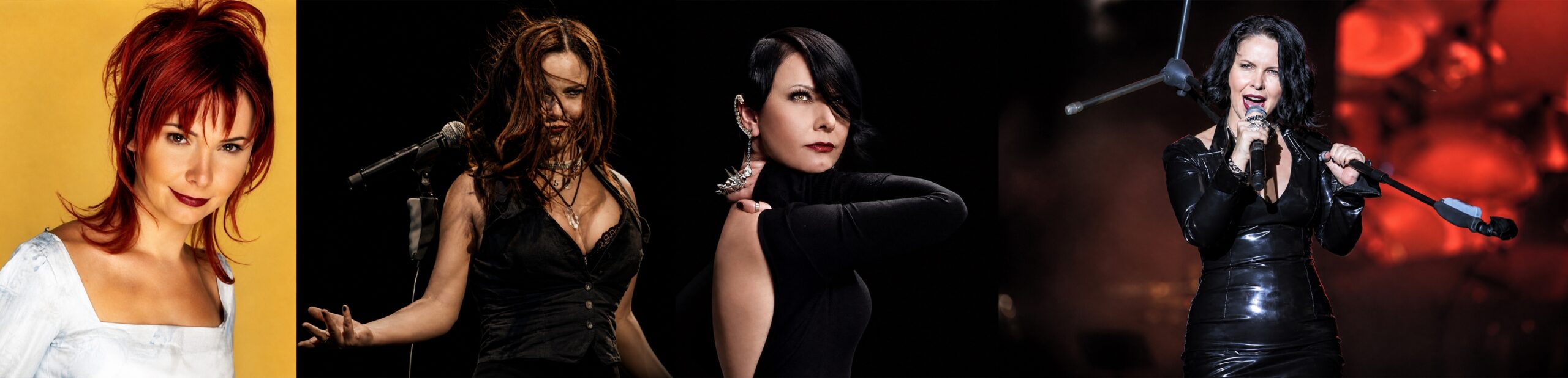 Collage of four female singers performing live: red-haired on yellow background, two black-dressed performers, and a leather-clad singer on a red-lit stage.