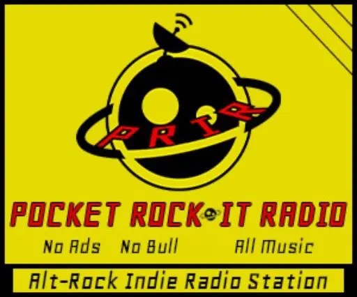 Graphic logo of Pocket Rock It Radio with a stylized rocket circling a planet, against a yellow background, symbolizing no-ads music broadcasting.