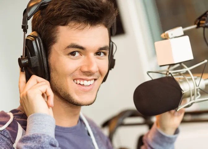 young author at the microphone ready to record your audiobook