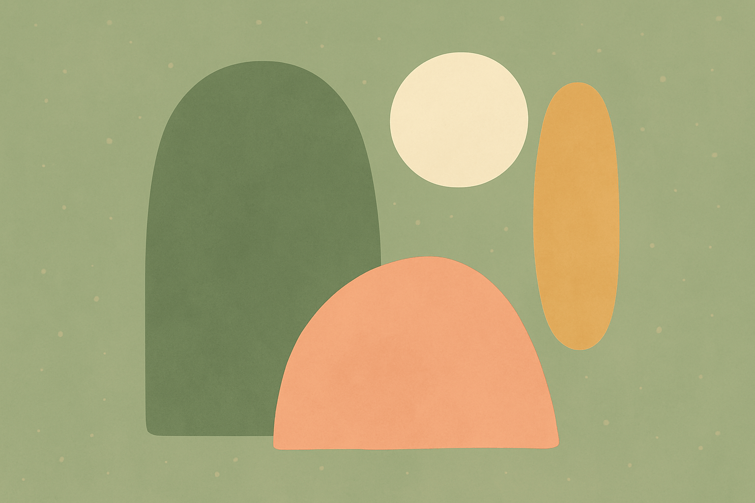 Flat-style digital illustration of soft abstract shapes in muted green, cream, peach, and gold tones, arranged on a sage green background to create a calm, minimalist composition.