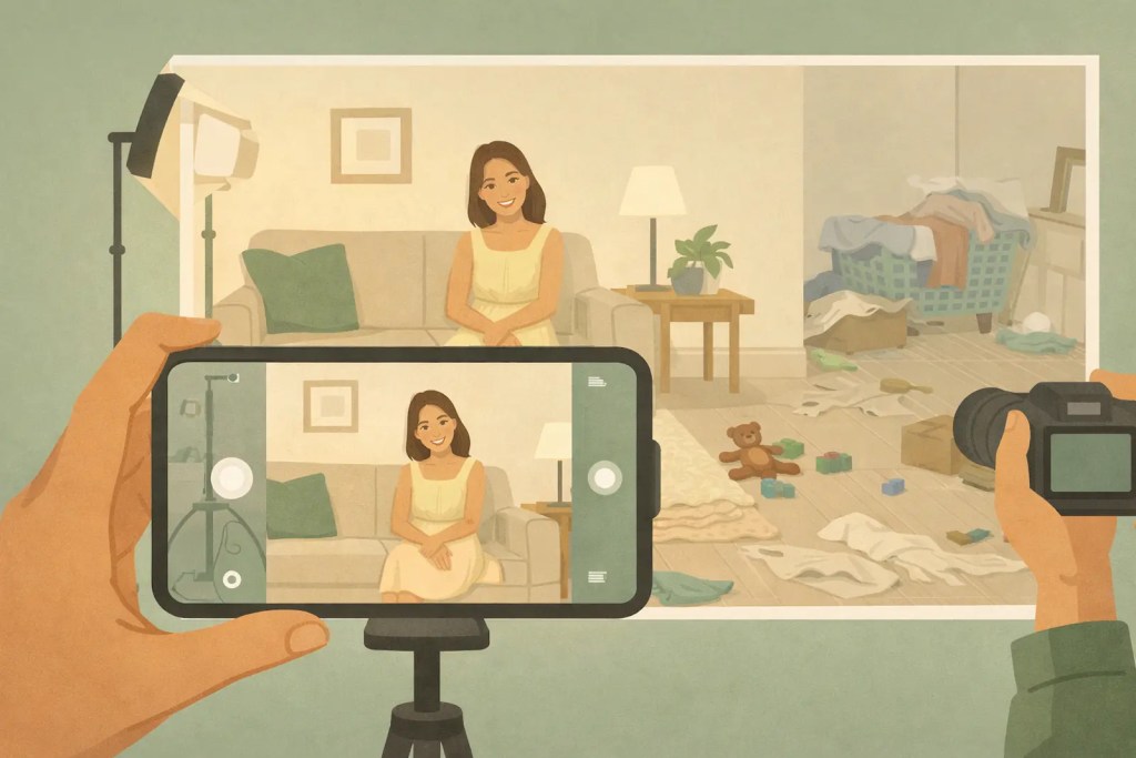 Illustration showing a smiling woman framed for a social media photo, while clutter, laundry, and toys are visible outside the camera’s view, highlighting the difference between presentation and reality.