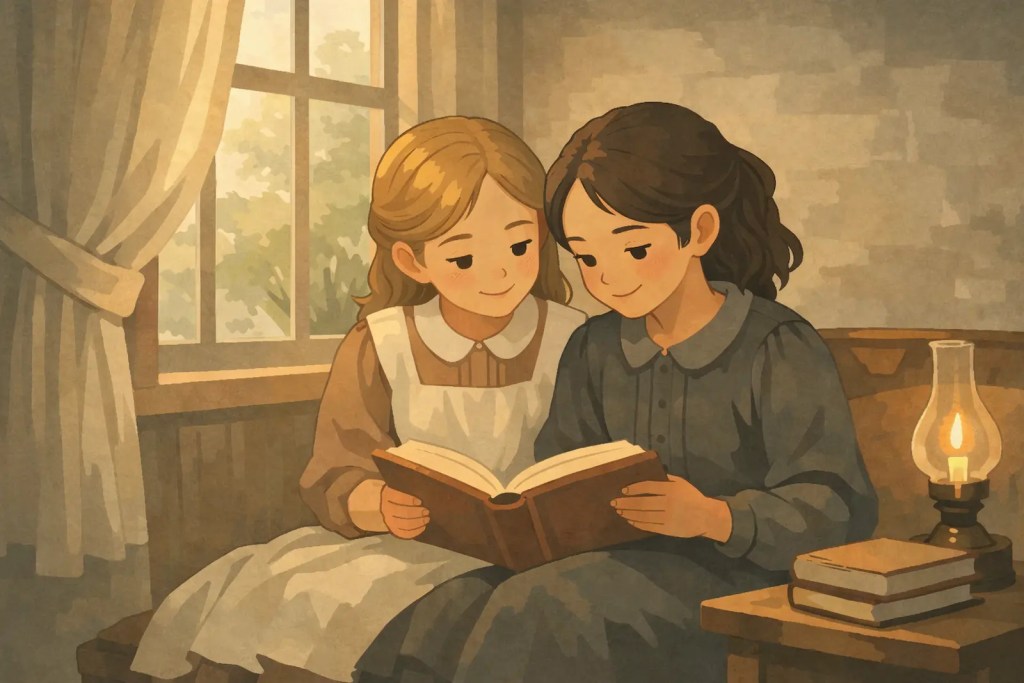 Two young girls sit closely together by a window, reading a book in a softly lit room with a small lamp and stacked books nearby.