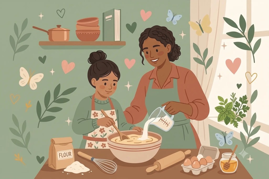 Illustrated mother and child baking together in a warm kitchen, pouring milk into a mixing bowl surrounded by flour, eggs, and honey—a gentle example of what it means to be good to yourself by modeling a healthy, joyful relationship with food for the next generation.