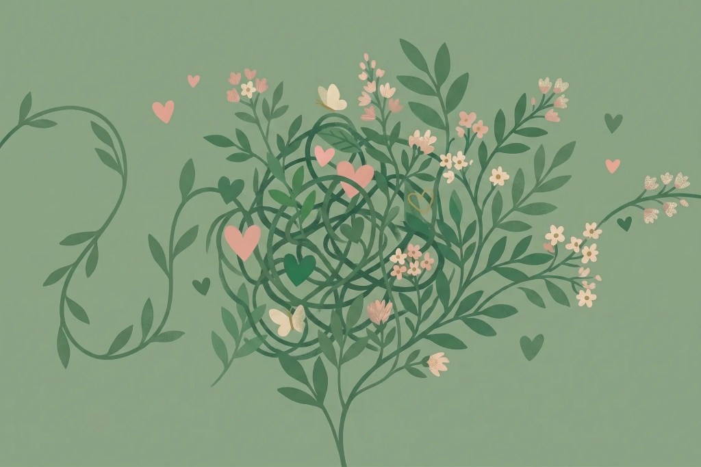 Illustration of a green vine tangled into a dense knot at its center, with clear leaves and flowers on either side